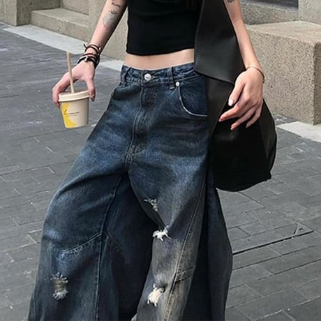 デニムパンツ ダメージ加工 ヴィンテージ風 ボトムス ハイウエスト デニ ジーンズム ワイドパンツ モップパンツ ルーズ レトロ 大人可愛い ガーリー カジュアル DTCA-839915277145