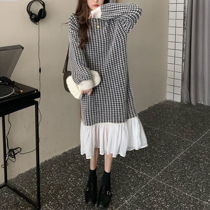 ハーリップトゥ　ニットワンピース　マーメイド　千鳥格子柄　チェック　長袖　M ハーリップトゥニットワンピースマーメイド千鳥格子柄チェック長袖M