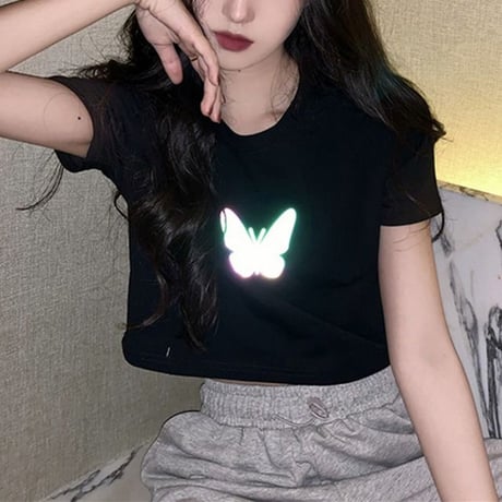 クロップド丈 Tシャツ 反射光 バタフライ 半袖 韓国ファッション レディース トップス ショート丈 プリント ガーリー カジュアル ストリートファッション DTC-617478923344