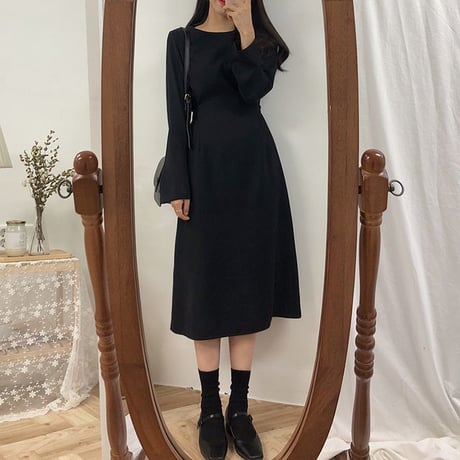 レディース バックリボンワンピース 膝丈 ウエストマーク ハイウエスト 長袖 ロングワンピース 韓国ファッション オルチャン (DCT-579433166085)