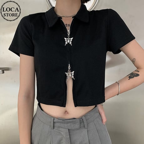 ダブルジップ トップス クロップド丈 バタフライチャーム 半袖 へそ出し ポロ襟 レトロ 韓国ファッション レディース 大人可愛い ガーリー カジュアル DTC-623337029743