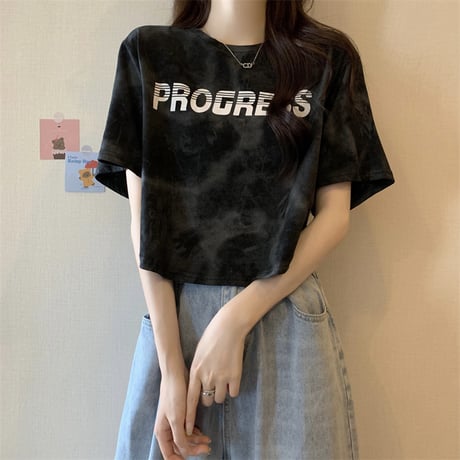 タイダイ柄 Tシャツ ショート丈 ロゴ 半袖 ルーズ レトロ カジュアル 韓国ファッション レディース 大人可愛い ガーリー DTC-767804771620