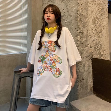 Tシャツ くまちゃん 花 刺繍 半袖 オーバーサイズ 韓国ファッション レディース トップス ベアー 大きめ カジュアル ストリートファッション DTC-643234188804