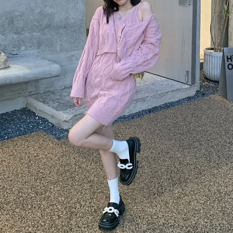 セットアップ ニット ニットワンピース スリングワンピース カーディガン Vネック ケーブル編み 長袖 レトロ 韓国ファッション レディース 大人可愛い ガーリー DTC-653369070466