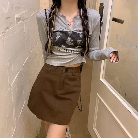 【3カラー】 Tシャツ 長袖 キーネック ショート丈 ロンT カットソー レトロ 韓国ファッション レディース 大人可愛い ガーリー カジュアル DTC-666641340557