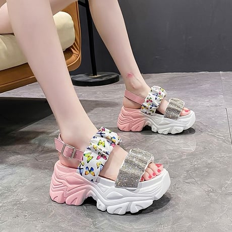 スポーツサンダル 22.0～24.5cm 厚底 スポサン ラインストーン バタフライ柄 厚底サンダル サンダル カジュアル 韓国ファッション レディース DTC-675536022627