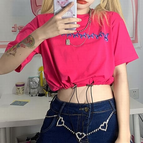 【3カラー】 Tシャツ バタフライ柄 半袖 コードストッパー 裾絞り クロップド丈 ショート丈 韓国ファッション レディース カジュアル 韓国ストリートファッション DTC-619665826393