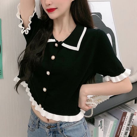 シャツ フリル バイカラー 半袖 薄手 サマーニット カーディガン 韓国ファッション レディース ブラウス トップス シングルブレスト 大人可愛い ガーリー DTC-640476092483