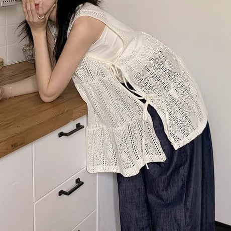 ノースリーブ ブラウス トップス パンチングレース サイトリボン ギャザー 総レース ティアードブラウス ルーズ レトロ 大人可愛い ガーリー DTCA-920023172803