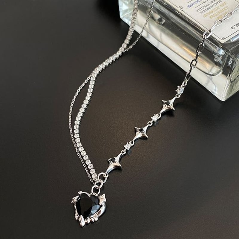 ブラックハート ネックレス 2連 チェーン ハートモチーフ スター ブラックハート ネックレス 2連 チェーン ハートモチーフ スター