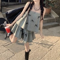 セットアップ 2点セット リボン デニム キャミソール トップス フレア ショートパンツ ウエストゴム レトロ 韓国ファッション レディース 大人可愛い ガーリー DTC-791440219044