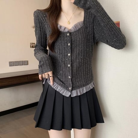 ニット カーディガン レース フリル トップス リブニット スクエアネック スリムフィット 長袖 レトロ 大人可愛い ガーリー DTCA-966412508396