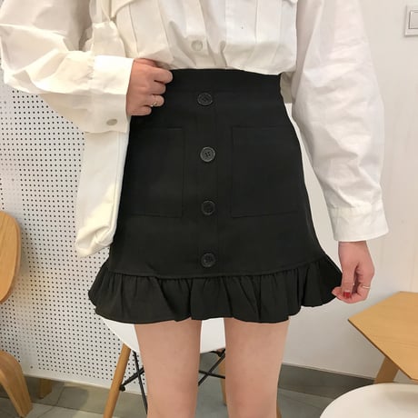 フィッシュテール スカート 裾フリル フロントボタン 韓国ファッション レディース フィット タイト 台形 ショート 無地 ハイウエスト 大人可愛い ガーリー DTC-598590628175