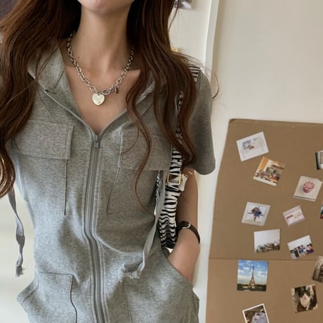 【3カラー】 パーカーワンピース ポケット付き 半袖 フード付き ミニワンピース ジップアップ レトロ 韓国ファッション レディース 大人可愛い ガーリー カジュアル DTC-638357573828