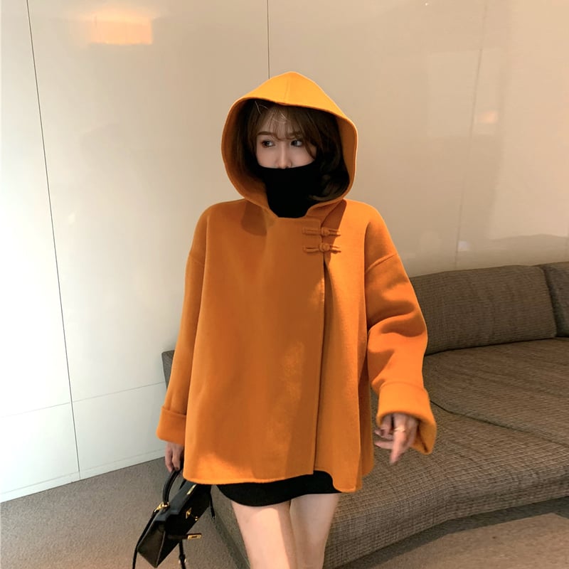 フード付き ショートコート ポンチョ風 韓国ファッション フード付き ショートコート ポンチョ風 韓国ファッション
