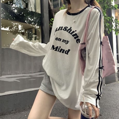 袖ライン リボン tシャツ レタープリント オーバーサイズ ロンt サイドライン トップス 長袖 レトロ 韓国ファッション レディース 大人可愛い ガーリー DTC-798807583548