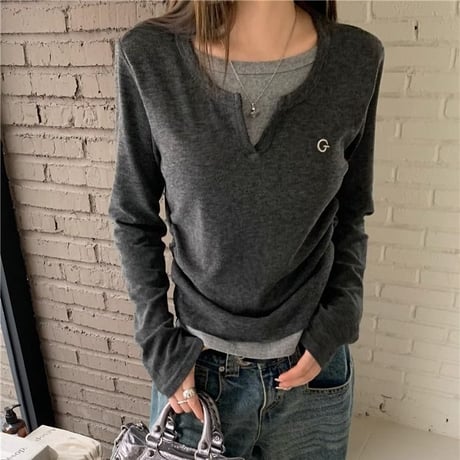 フェイクレイヤード トップス キーネック Tシャツ ロンＴ ロゴ 重ね着風 プルオーバー スリムフィット フェイクツーピース 長袖 大人可愛い ガーリー カジュアル DTCA-758755751432
