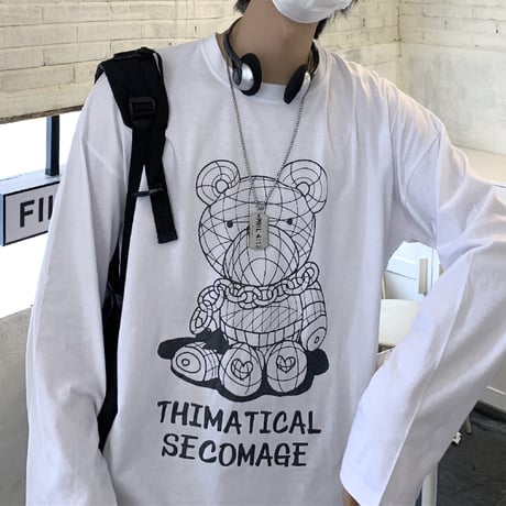 ユニセックス Tシャツ 長袖 ラインベアープリント クマちゃん ラウンドネック オーバーサイズ トップス 大きめ カジュアル ストリートファッション DTC-653486439224