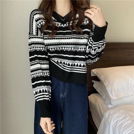 ニットセーター ジャカード Vネック ショート丈 長袖 ルーズ レトロ 韓国ファッション レディース 大人可愛い ガーリー DTC-658384210039