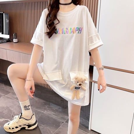 クマのぬいぐるみ付き Tシャツ ダブルポケット 幾何学 チュニック ゆったり 半袖 レトロ 韓国ファッション レディース 大人可愛い ガーリー カジュアル DTC-668699340794