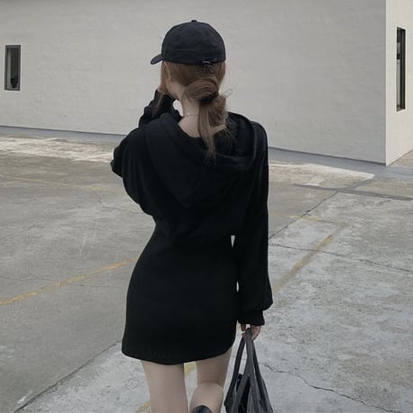 フード付き ワンピース ハイウエスト ミニワンピース パーカーワンピース スウェット 長袖 レトロ 韓国ファッション レディース 大人可愛い ガーリー DTCA-661706775371