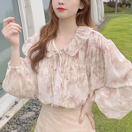 花柄ブラウス パフ袖 シフォン 透け感 長袖 韓国ファッション レディース 大人可愛い ガーリー フェミニン DTC-640922225325