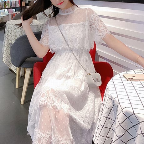 総レース シフォンワンピース ハイウエスト ラウンドネック レースワンピース フェミニン 韓国ファッション レディース 大人可愛い ガーリー DCT-593815603770