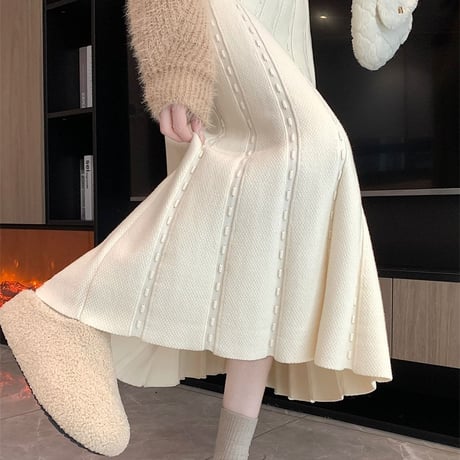 ニットスカート 厚手 マーメイドスカート プリーツスカート ロング丈 ハイウエスト スカート ウエストゴム レトロ 韓国ファッション レディース 大人可愛い ガーリー DTC-756880446087