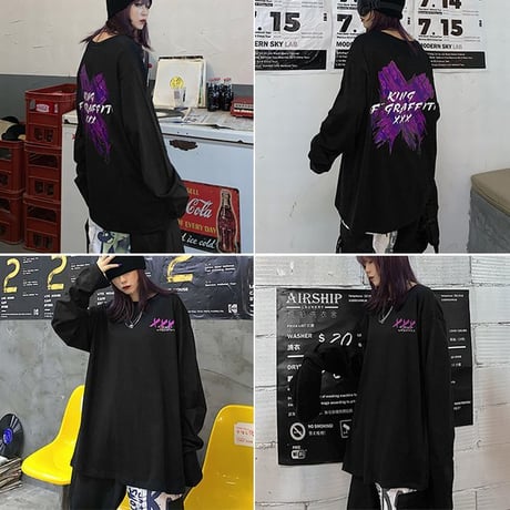 ユニセックス 長袖Tシャツ ×ペイント Tシャツ バツペイント 長袖 オーバーサイズ 韓国ファッション メンズ レディース 韓国ストリートファッション DTC-610859198983