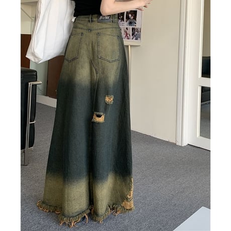 デニムスカート ヴィンテージ風 ダメージ加工 フリンジ 切りっぱな裾 Aライン ハイウエスト デニム ロングスカート レトロ 大人可愛い ガーリー カジュアル DTCA-738580370386