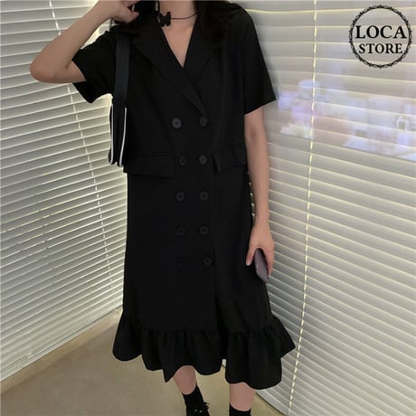 ジャケット風ワンピース マーメイドワンピース ダブルブレスト 韓国ファッション レディース ワンピース フリル シャツワンピース 大人可愛い ガーリー DTC-620840809771