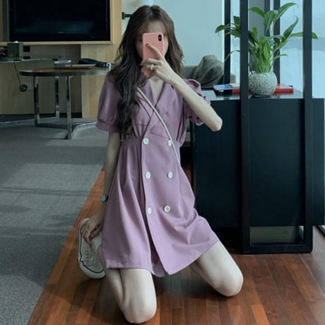 ジャケット風 ワンピース Aライン 韓国ファッション レディース ダブルボタン 半袖 ハイウエスト DTC-618226482217