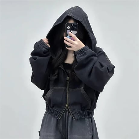 フード付き デニムブルゾン ショート丈 デニムジャケット ダブルジップ ブルー ブラック ライトアウター ルーズ 春 秋 レトロ 大人可愛い ガーリー カジュアル DTCA-890898406976