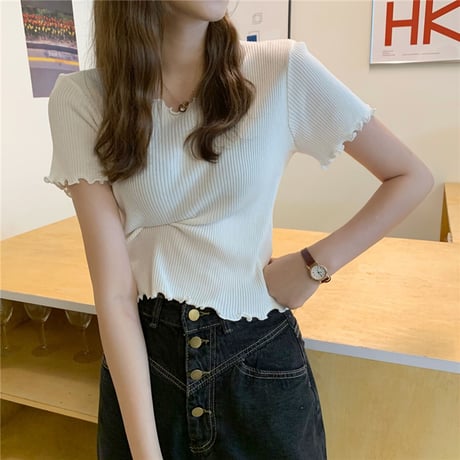 ウェーブヘム リブニット サマーニット Tシャツ 半袖 ラウンドネック トップス 韓国ファッション レディース カットソー シンプル 大人可愛い ガーリー DTC-639423318201