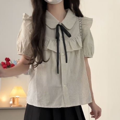 ストライプ柄 ブラウス ヨークフリル シャツ リボン パフスリーブ トップス かわいい 半袖 ルーズ レトロ 大人可愛い ガーリー フェミニン DTCA-898551864662
