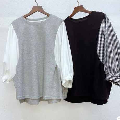 ドッキングブラウス 5分袖 トップス バルーン袖 チェック柄 無地 フェイクレイヤード Tシャツ レトロ 韓国ファッション レディース 大人可愛い ガーリー DTC-708136202207