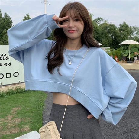クロップド丈 トレーナー 薄手 ドロップショルダー ゆったり プルオーバー 長袖 ショート丈 レトロ 韓国ファッション レディース 大人可愛い ガーリー カジュアル DTC-656440978189