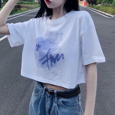 Tシャツ クロップド丈 半袖 グラフィックプリント トップス ショート丈 クルーネック レトロ 韓国ファッション レディース 大人可愛い ガーリー カジュアル DTC-647653058151