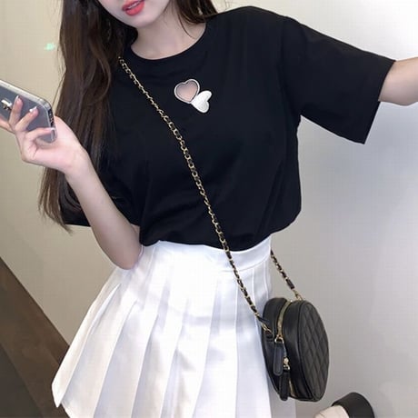 Tシャツ ハートカット 刺繡 半袖 クルーネック ルーズ 韓国ファッション レディース 大人可愛い ガーリー カジュアル 韓国ストリートファッション DTC-674278116013