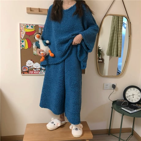 ルームウェア 4カラー  パジャマ セットアップ ラムウール トップス + パンツ 長袖 上下セット 韓国ファッション レディース 厚手 ガーリー 627726861742