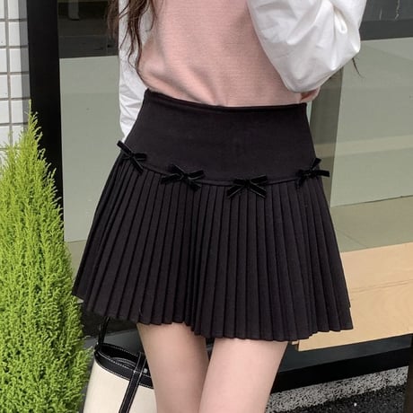 プリーツスカート リボン ミニスカート ハイウエスト Aライン スカート 脚長 レトロ 大人可愛い ガーリー 韓国ファッション レディース カジュアル フェミニン DTCA-837145949061