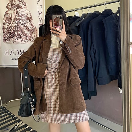 コーデュロイ テーラードジャケット ルーズ シングルブレスト 韓国ファッション レディース 長袖 大人可愛い ガーリー DTC-632327247917