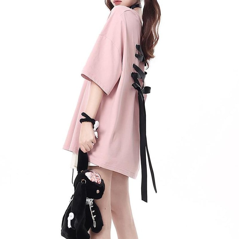 バックリボン Tシャツ オーバーサイズ 半袖 サブカル系 地雷系 レトロ