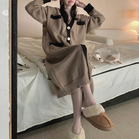 ロングカーディガン V ネック バイカラー ニット カーディガン ロング丈 長袖 韓国ファッション レディース レトロ 大人可愛い ガーリー DTC-691112682616