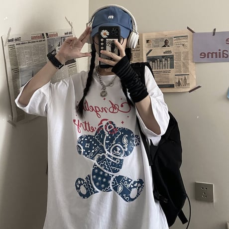 ユニセックス tシャツ ハート クマちゃん ベアー ルーズ 韓国ファッション メンズ レディース オーバーサイズ 大きめ カジュアル ストリート系 DTC-641736753814
