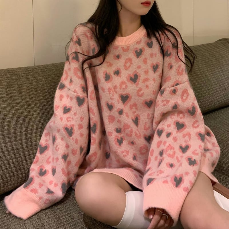 絶対的な信頼 ニットセーター ヒョウ柄 レオパード柄 ハート クルーネック Clothing