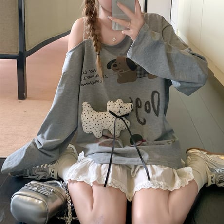 トップス ロンT レース肩紐 ワンショルダー オフショルダー わんちゃん リボン tシャツ 肩出し オーバーサイズ ゆったり 長袖 レトロ 大人可愛い ガーリー DTCA-838606400944