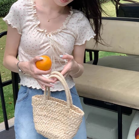 小花柄 ブラウス フリル リボン Tシャツ トップス ショート丈 スリムフィット レースアップ 半袖 レトロ 大人可愛い ガーリー カジュアル フェミニン DTCA-805742781968