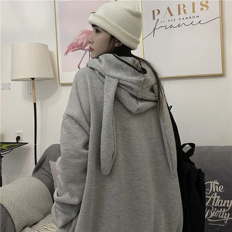パーカー プルオーバー プラスベルベット ウサギ耳 フードジップ ルーズ 韓国ファッション レディース ゆったり 大きめ カジュアル ストリート系 DTC-632251286193
