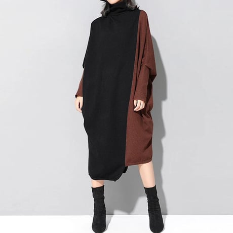 ニットワンピース アシンメトリー バイカラー ハイネック ロングワンピース ニット ワンピース ゆったり ルーズ 長袖 レトロ 大人可愛い ガーリー DTCA-620987413432